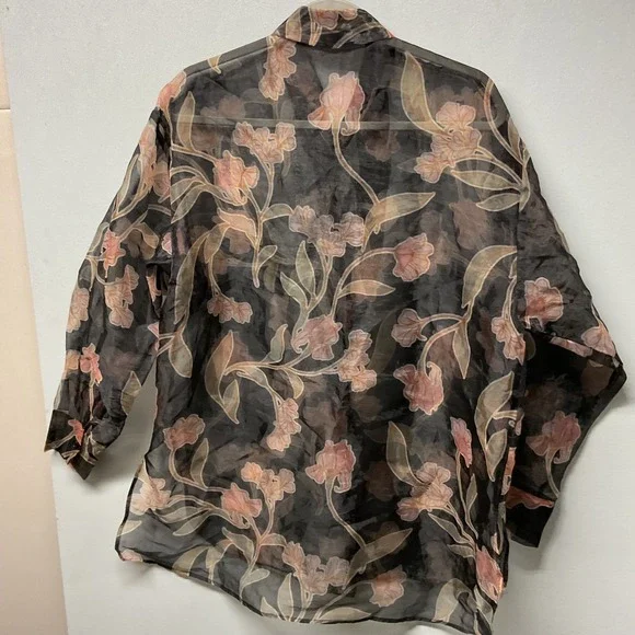 DR2 Sheer Floral Print Button Down Blouse‎ Top Women's Size Medium Black Pink - Picture 3 of 4
